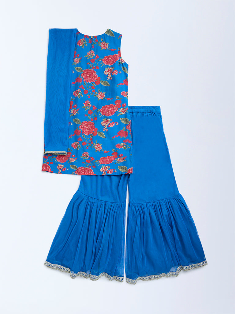 Utsa Kids Blue Floral Pattern Straight Ethnic Set - (8-14yrs)