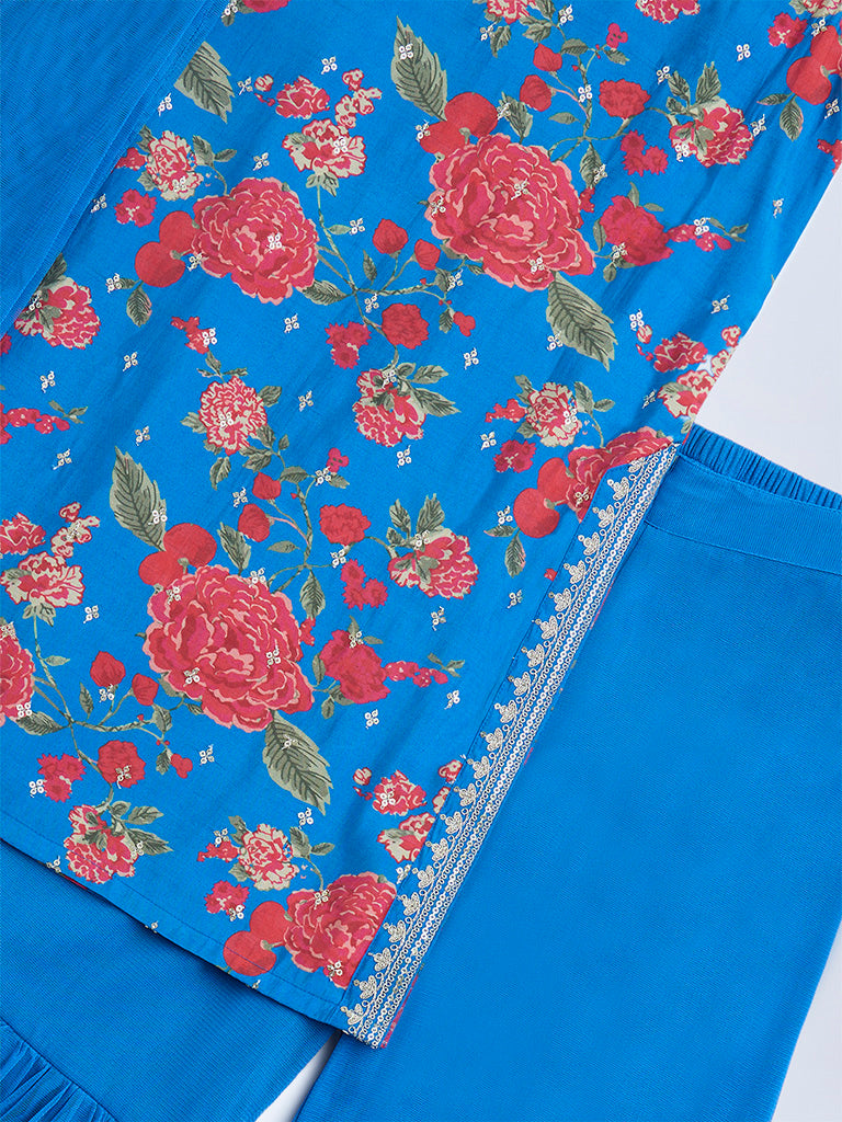Utsa Kids Blue Floral Pattern Straight Ethnic Set - (8-14yrs)
