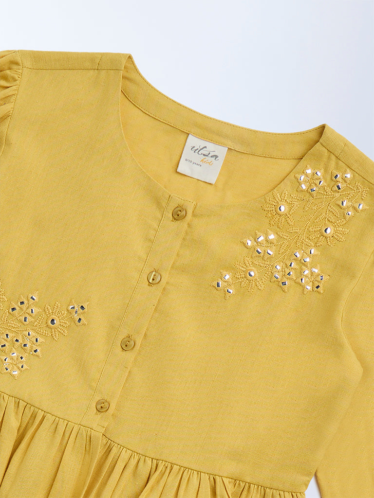 Utsa Kids Yellow Floral Embroidered Cotton Ethnic Top - (8-14yrs)