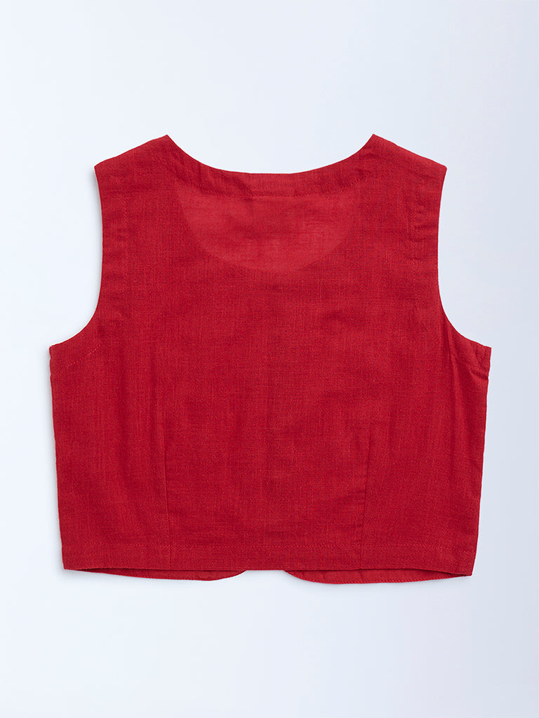 Utsa Kids Red Mirror Embroidered Cotton Waistcoat - (8-14yrs)