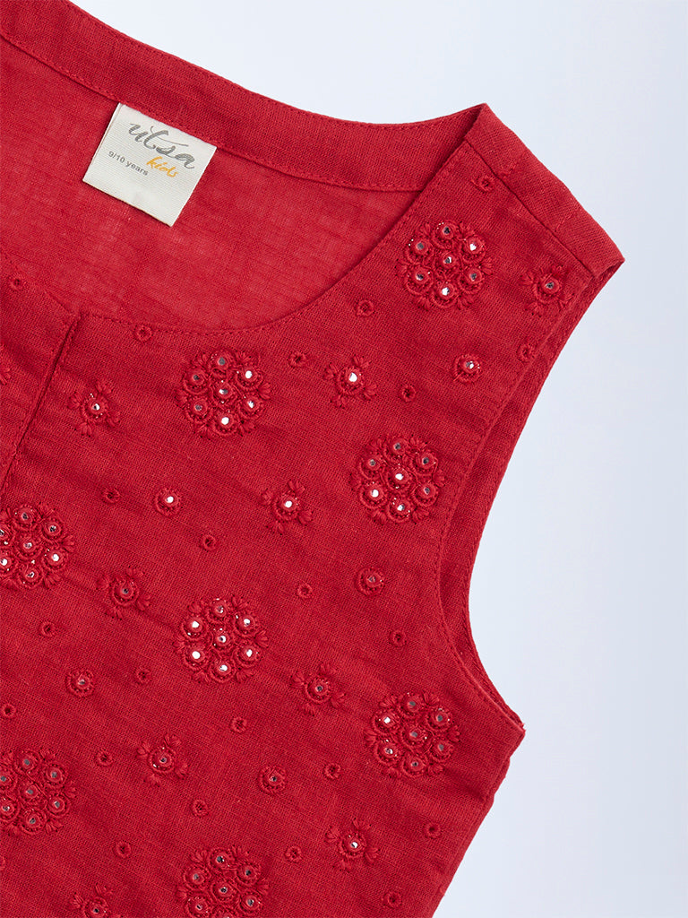 Utsa Kids Red Mirror Embroidered Cotton Waistcoat - (8-14yrs)