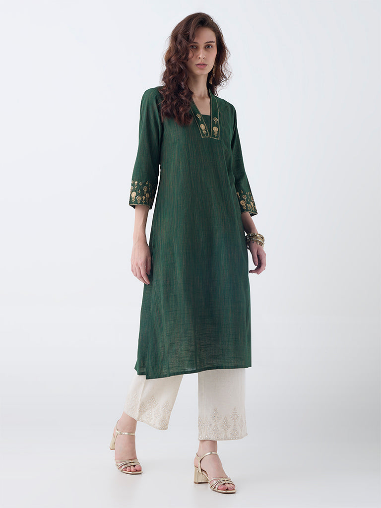 Utsa Green Sequin Embellished A-Line Kurta