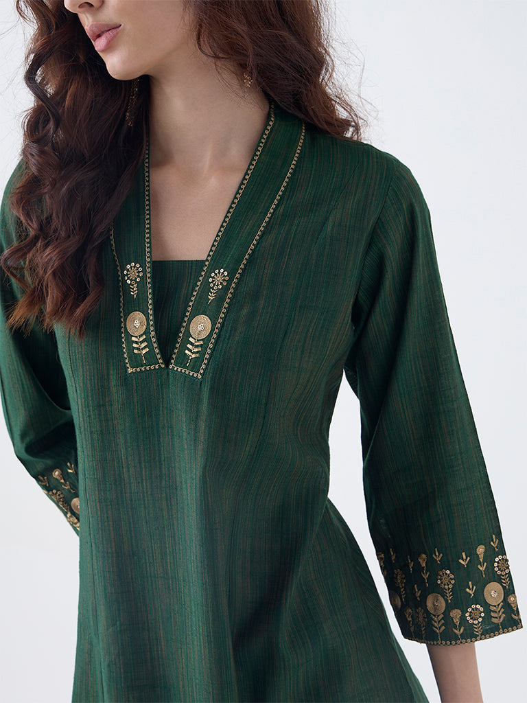 Utsa Green Sequin Embellished A-Line Kurta