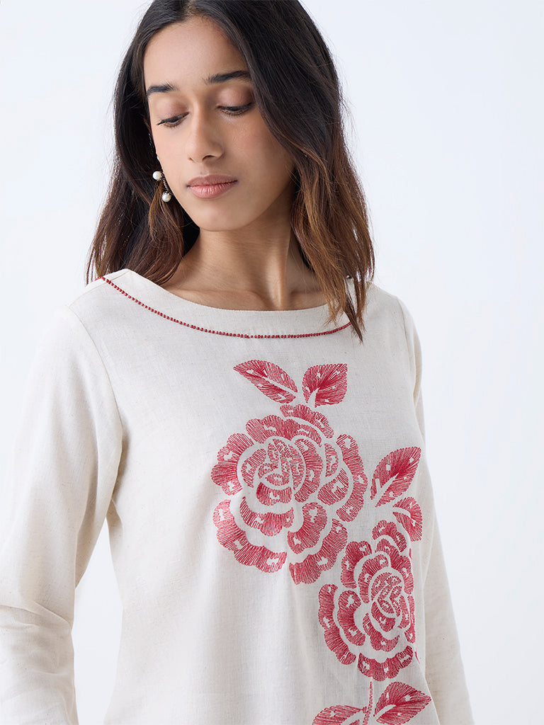 Utsa Off-White Floral Embroidered Cotton-Blend Ethnic Top
