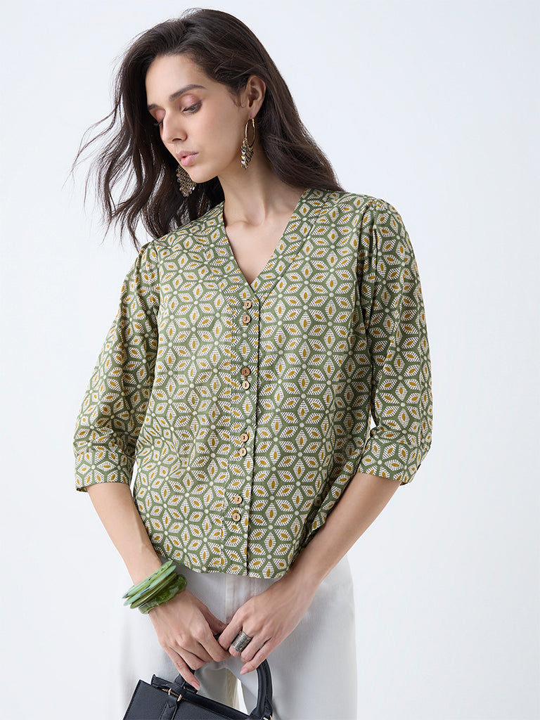 Utsa Olive Floral Printed Cotton Top