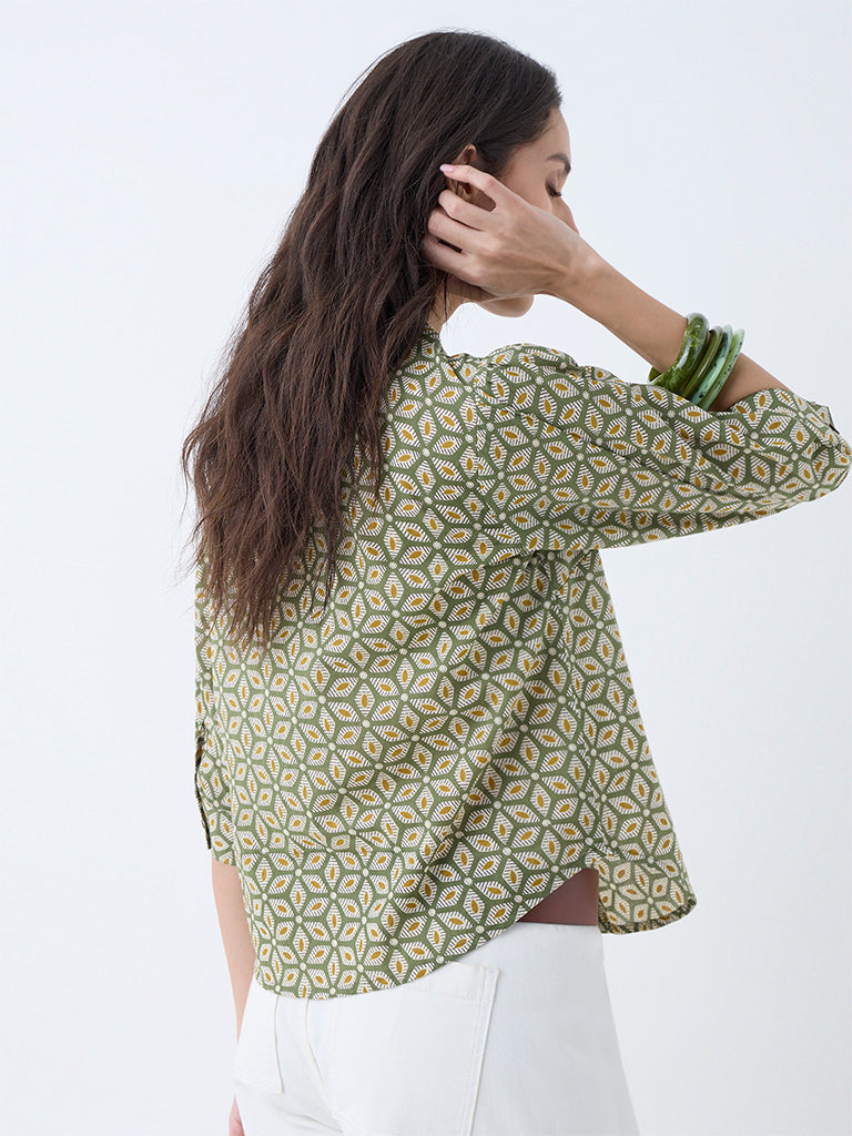 Utsa Olive Floral Printed Cotton Top