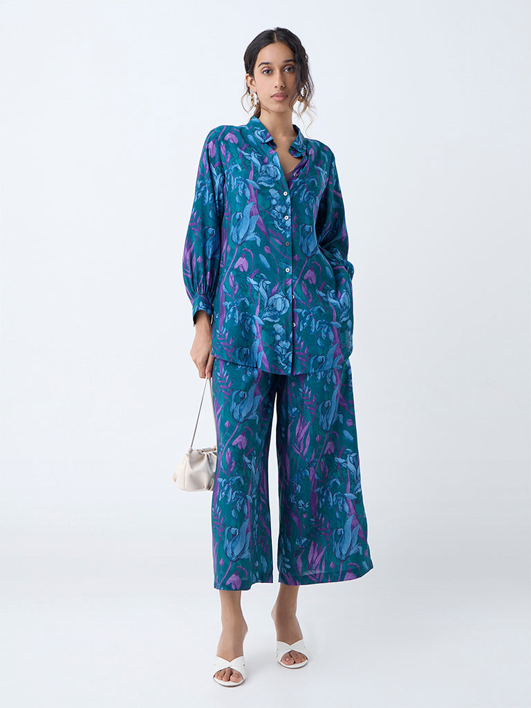 Utsa Dark Teal Floral Detailed Tunic