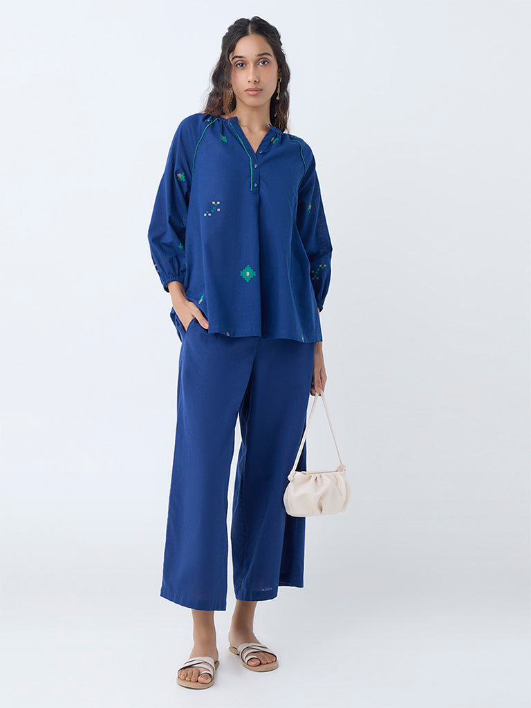 Utsa Indigo Embroidered Cotton Tunic