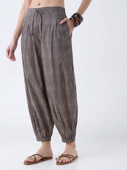 Utsa Charcoal Striped Cotton Harem Pants