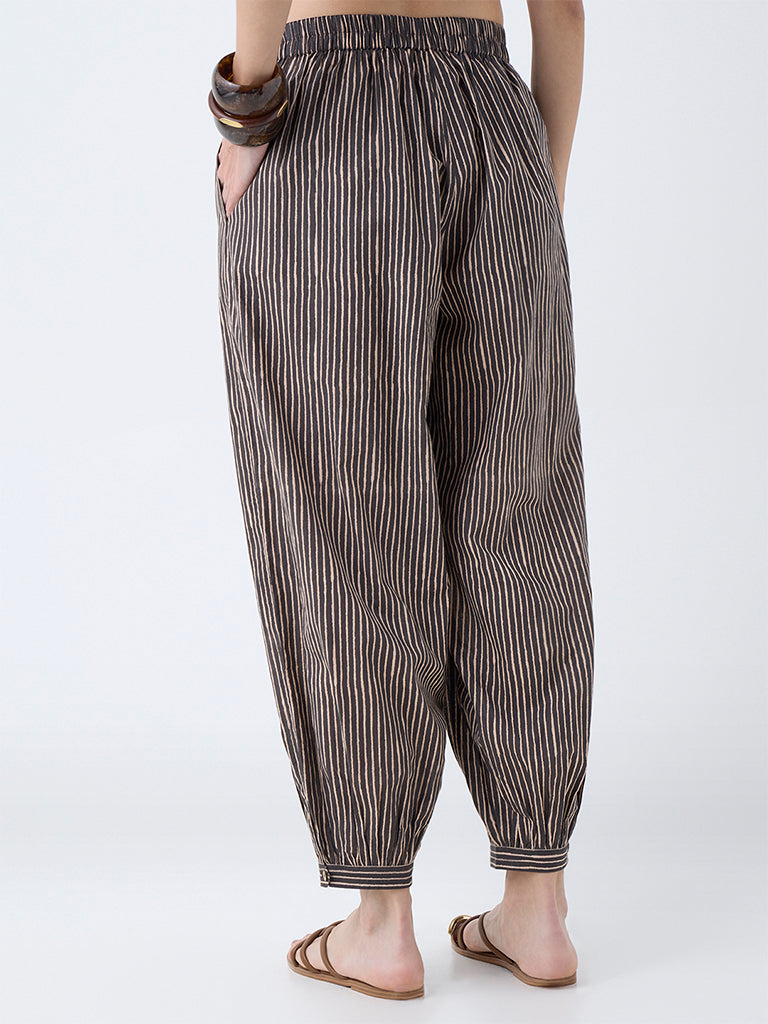 Utsa Charcoal Striped Cotton Harem Pants