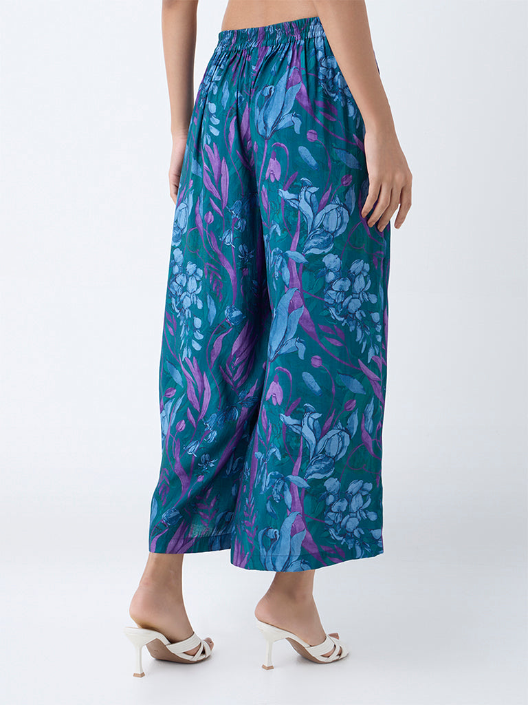 Utsa Dark Teal Floral Design Pants