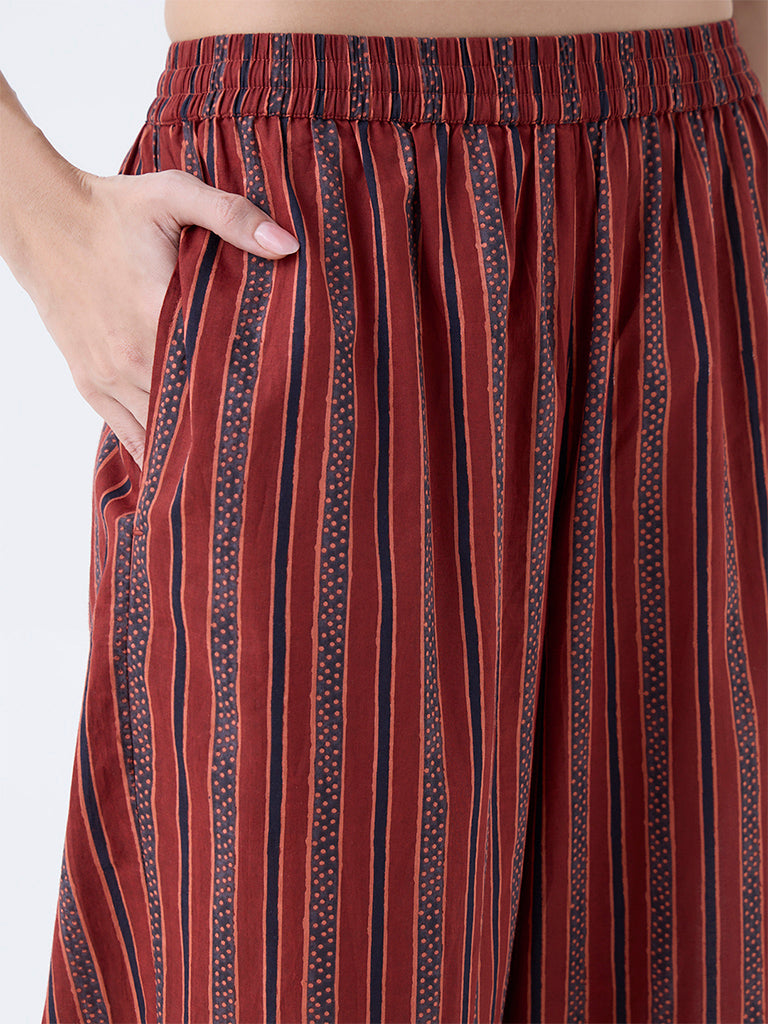 Utsa Maroon Striped Cotton Pants
