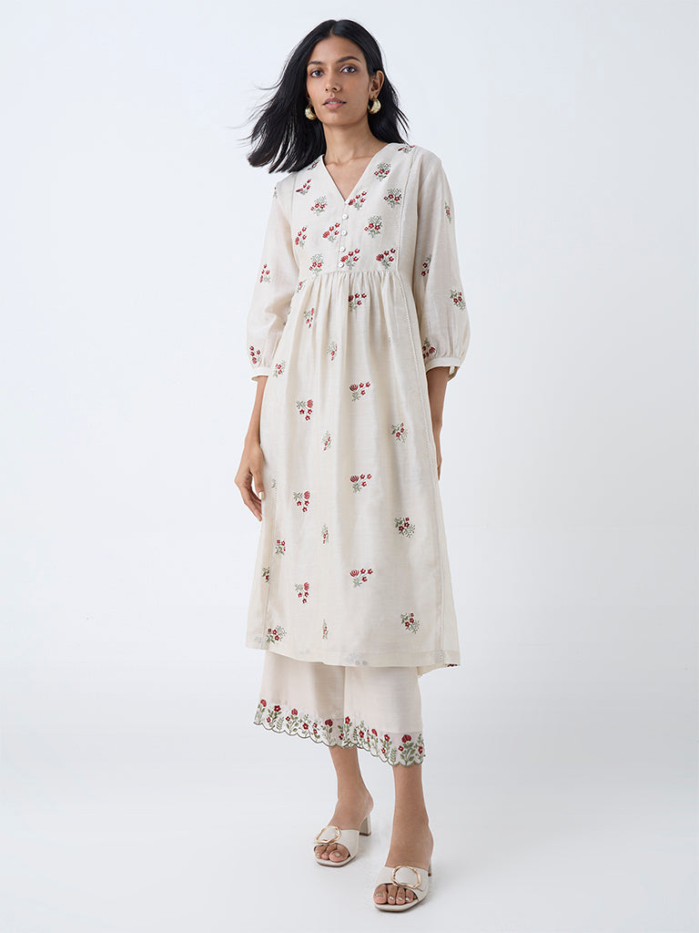 Zuba Beige Floral Embroidered Cotton-Blend Ethnic Pants