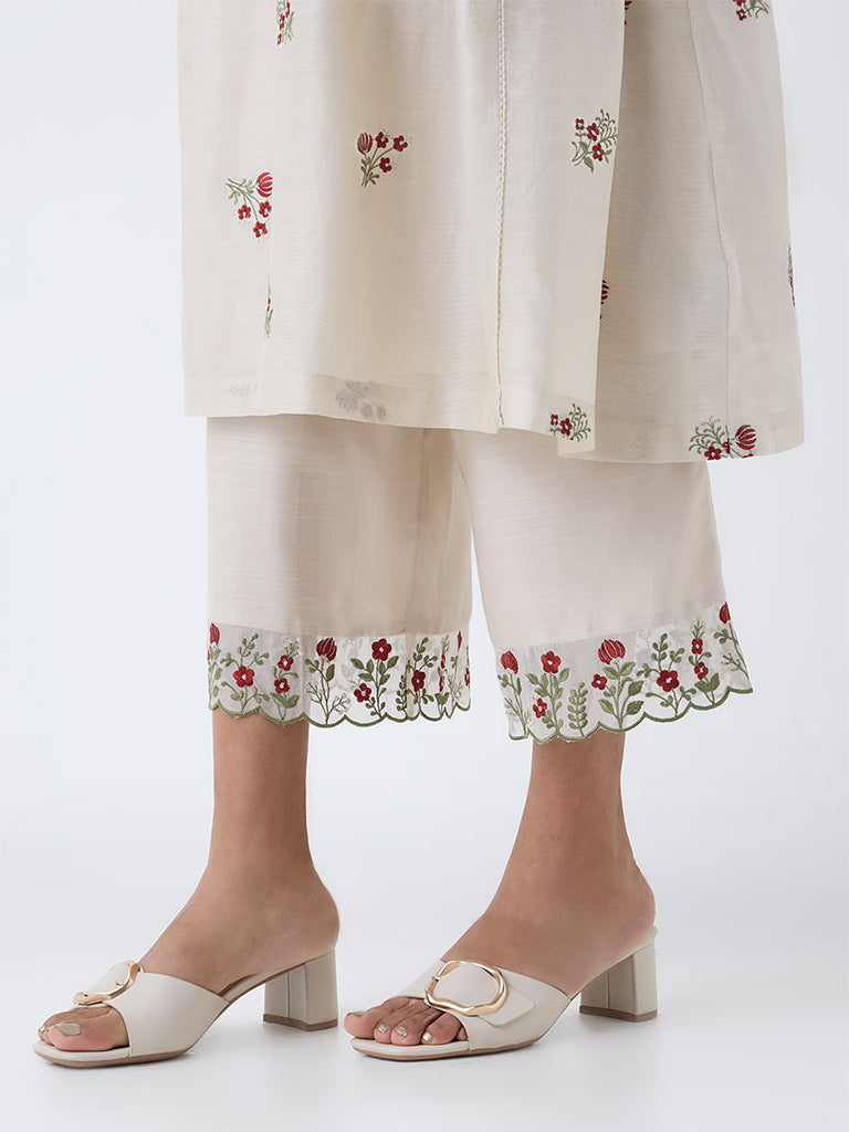 Zuba Beige Floral Embroidered Cotton-Blend Ethnic Pants