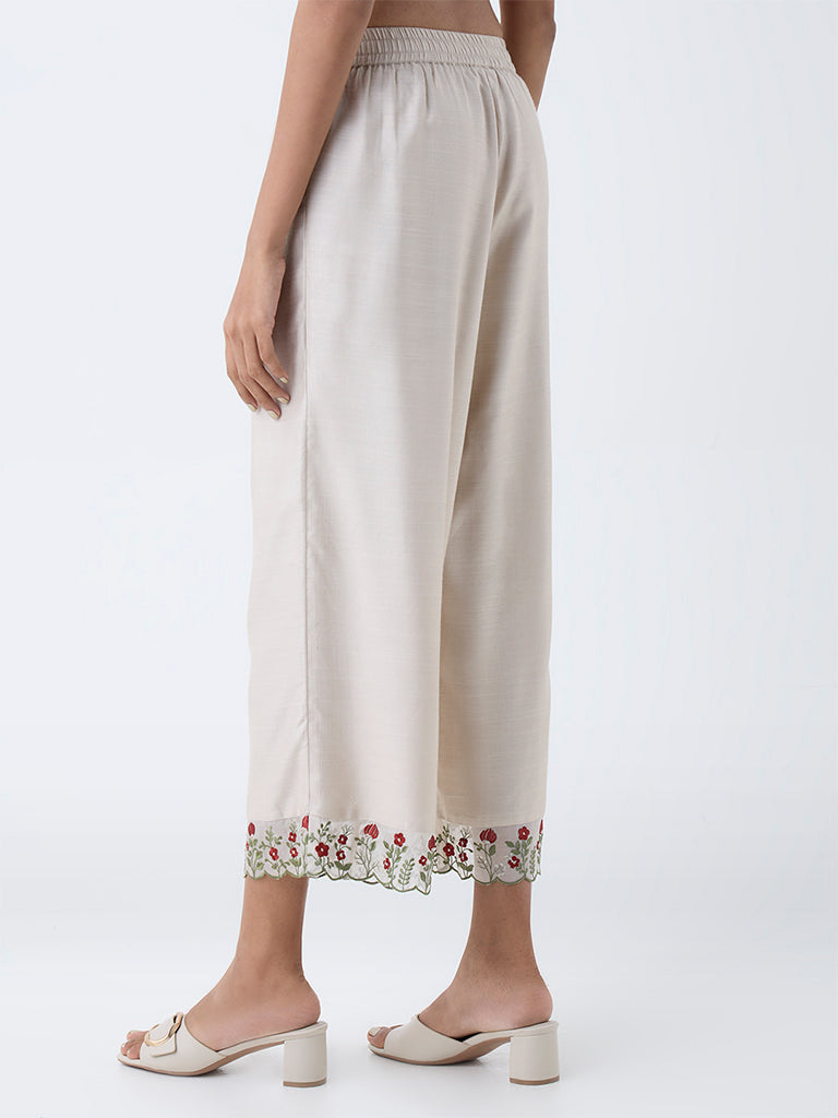 Zuba Beige Floral Embroidered Cotton-Blend Ethnic Pants