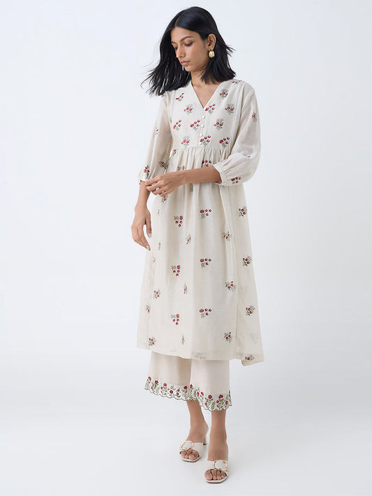 Zuba Beige Embroidered Fit-and-Flare Cotton-Blend Kurta