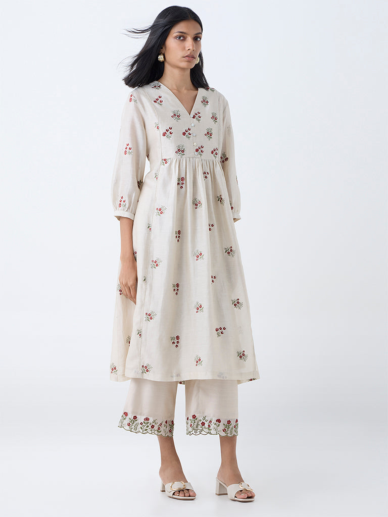 Zuba Beige Embroidered Fit-and-Flare Cotton-Blend Kurta