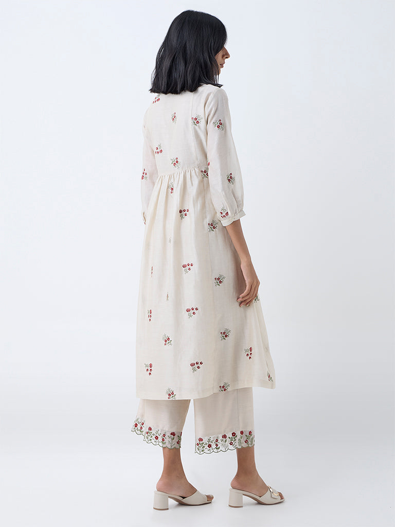 Zuba Beige Embroidered Fit-and-Flare Cotton-Blend Kurta