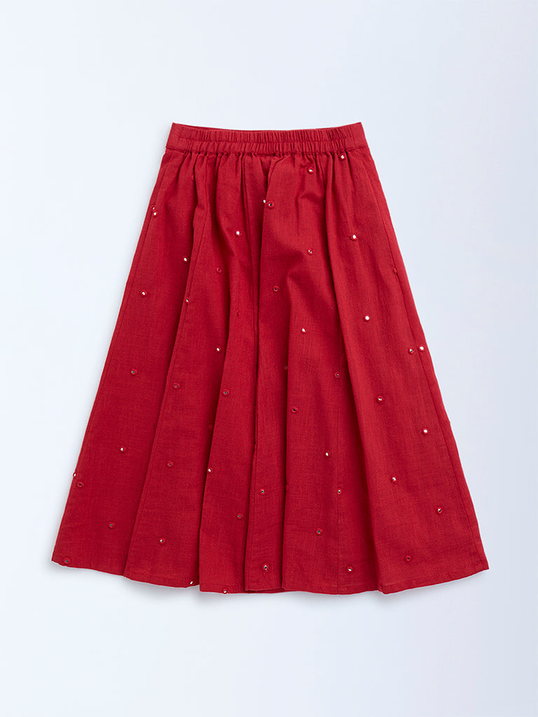 Utsa Kids Red Mirror-Work Detailed Cotton Skirt - (2-8yrs)