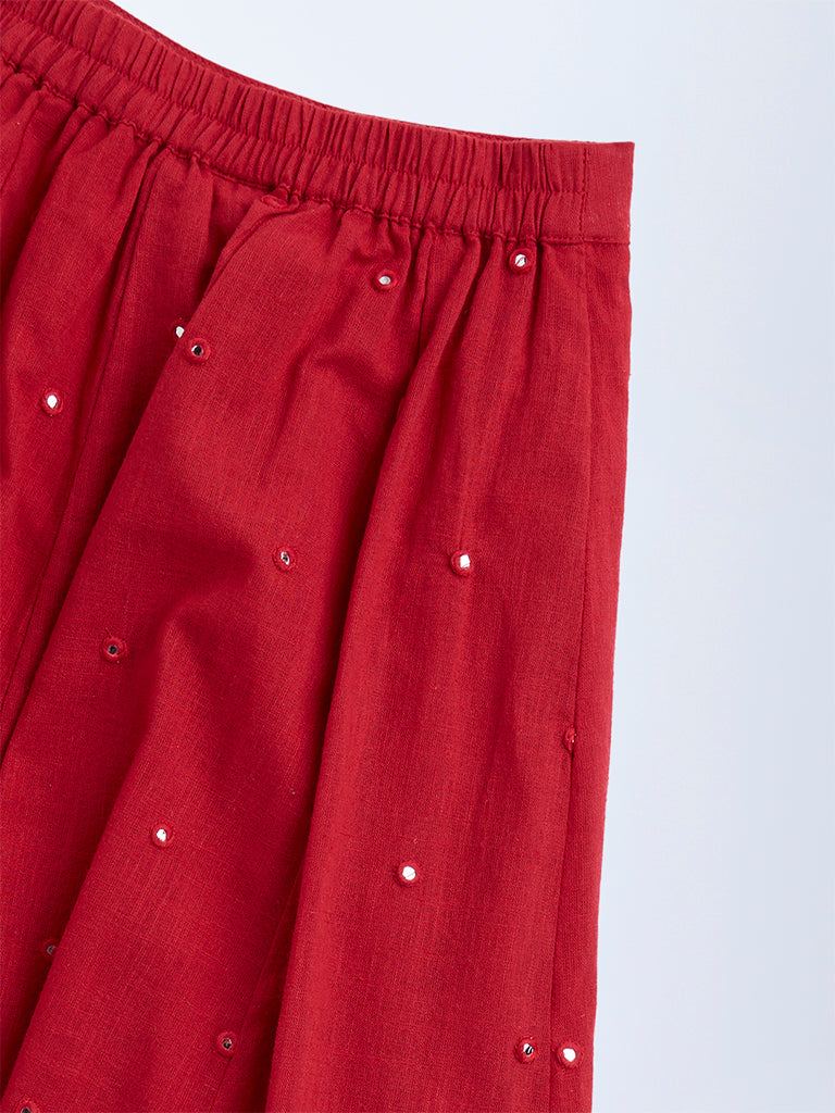 Utsa Kids Red Mirror-Work Detailed Cotton Skirt - (2-8yrs)