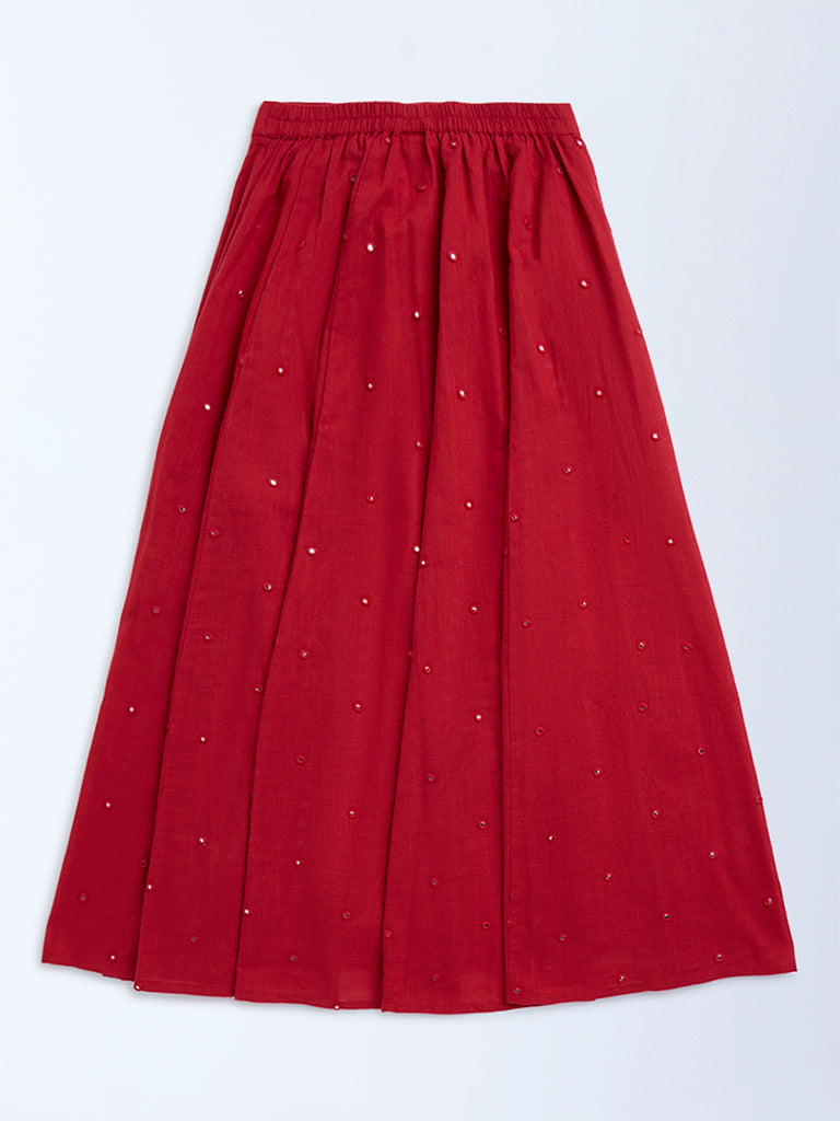Utsa Kids Red Mirror-Work Detailed Cotton Skirt - (8-14yrs)
