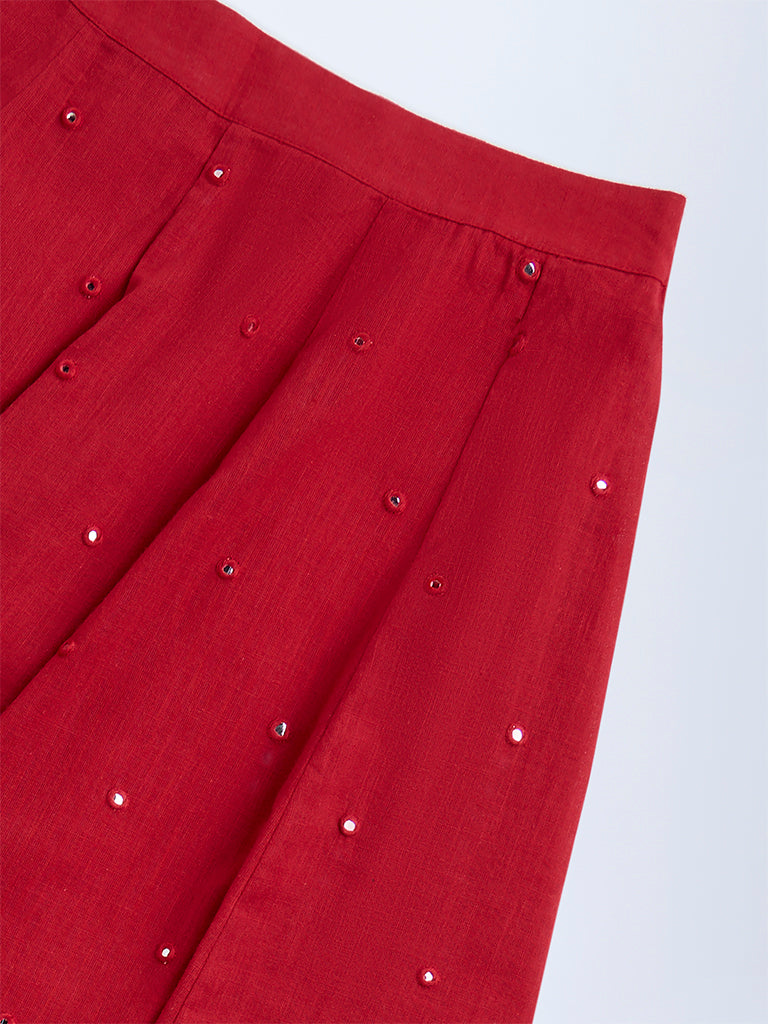 Utsa Kids Red Mirror-Work Detailed Cotton Skirt - (8-14yrs)