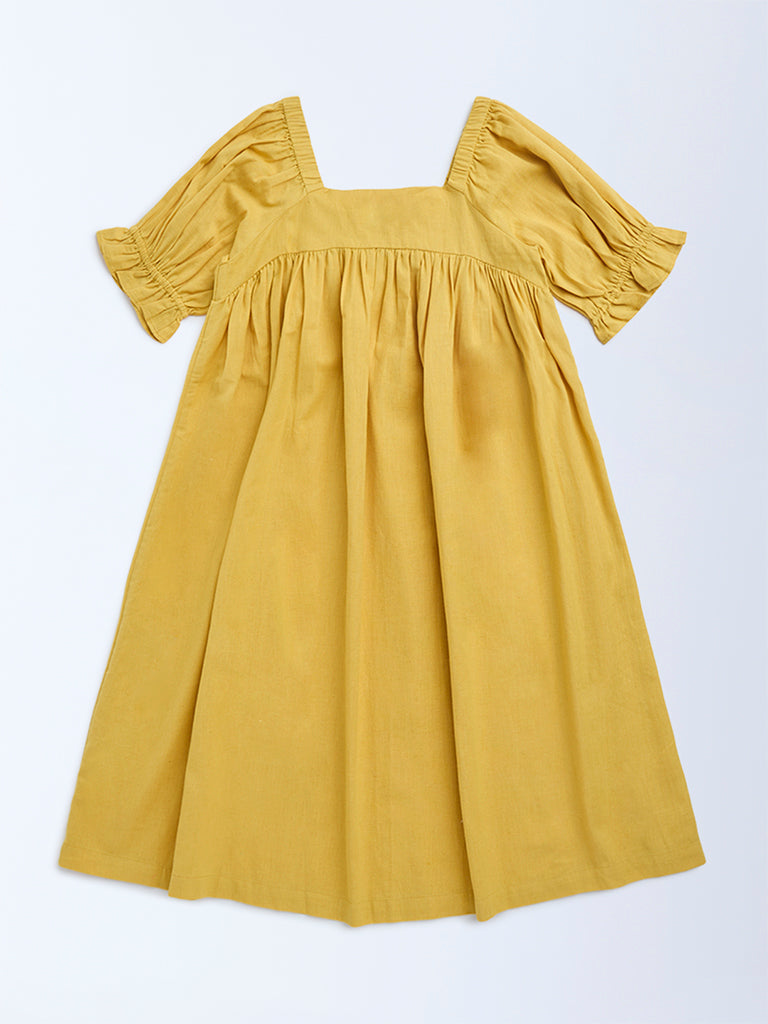 Utsa Kids Yellow Mirror Work Cotton Empire-Line Dress - (8-14yrs)