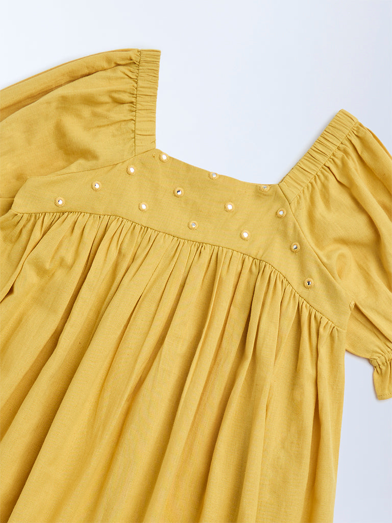 Utsa Kids Yellow Mirror Work Cotton Empire-Line Dress - (8-14yrs)