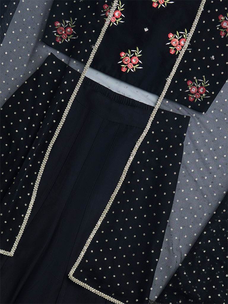 Utsa Kids Black Floral Embroidered Ethnic Set - (8-14yrs)