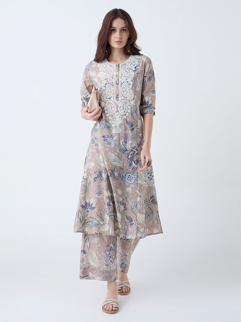 Utsa Beige Floral Design A-Line Kurta
