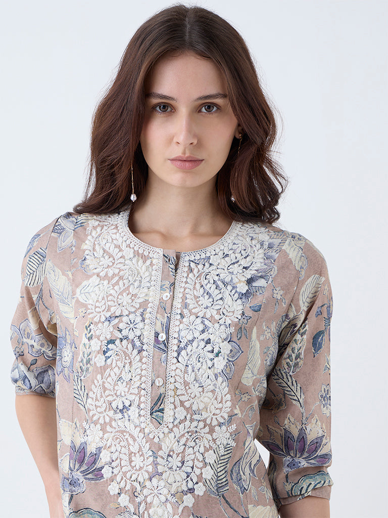 Utsa Beige Floral Design A-Line Kurta