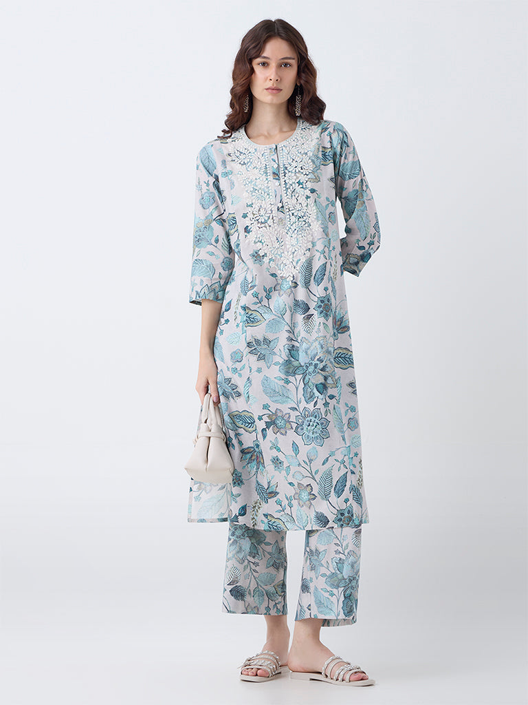 Utsa Teal Floral Pattern A-Line Kurta