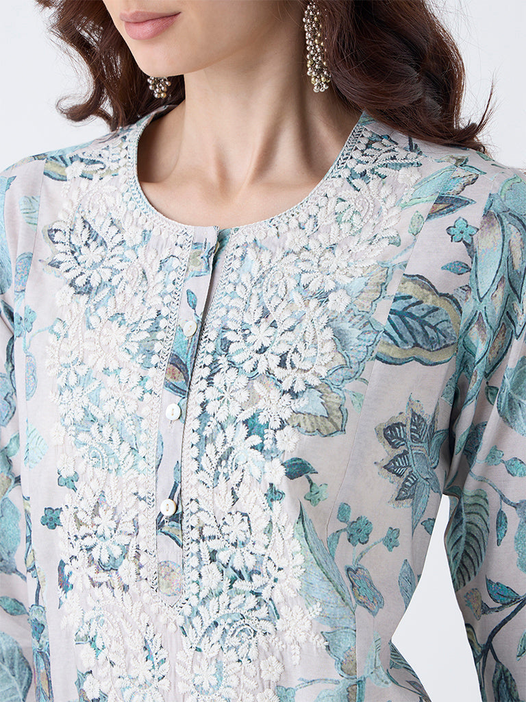 Utsa Teal Floral Pattern A-Line Kurta