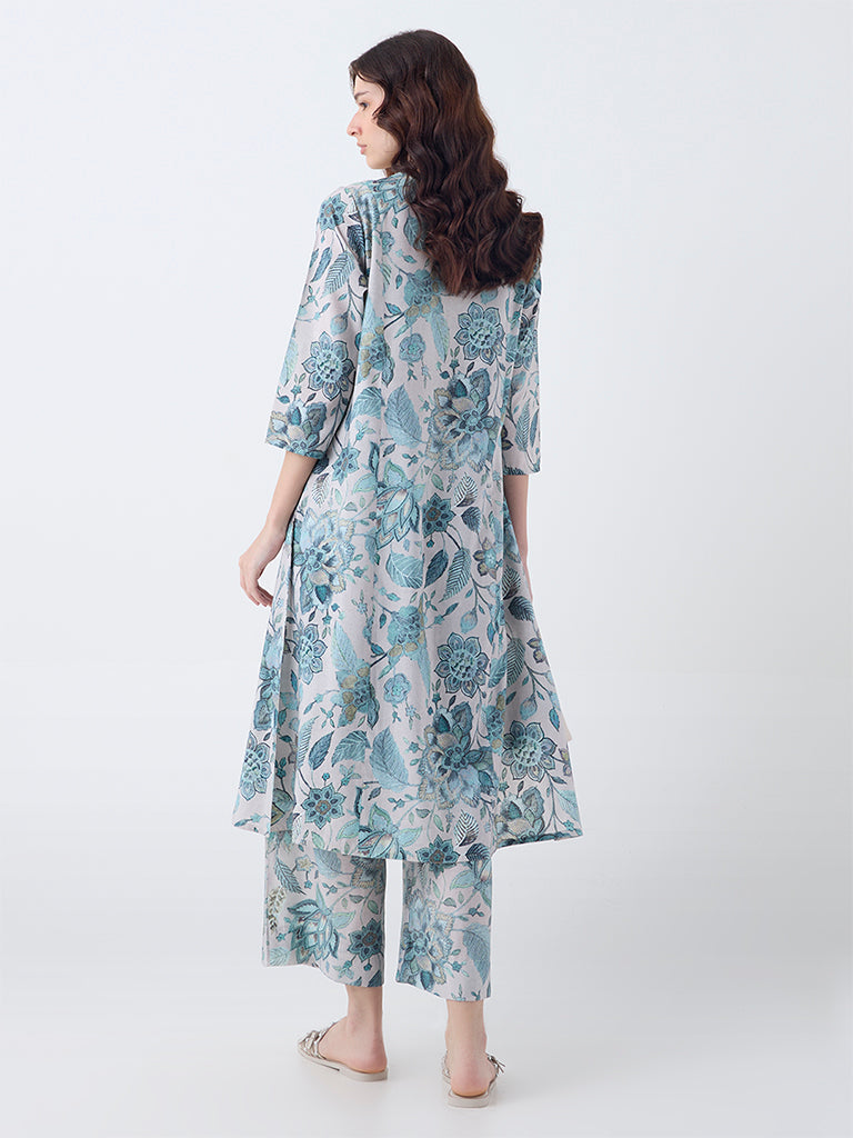 Utsa Teal Floral Pattern A-Line Kurta
