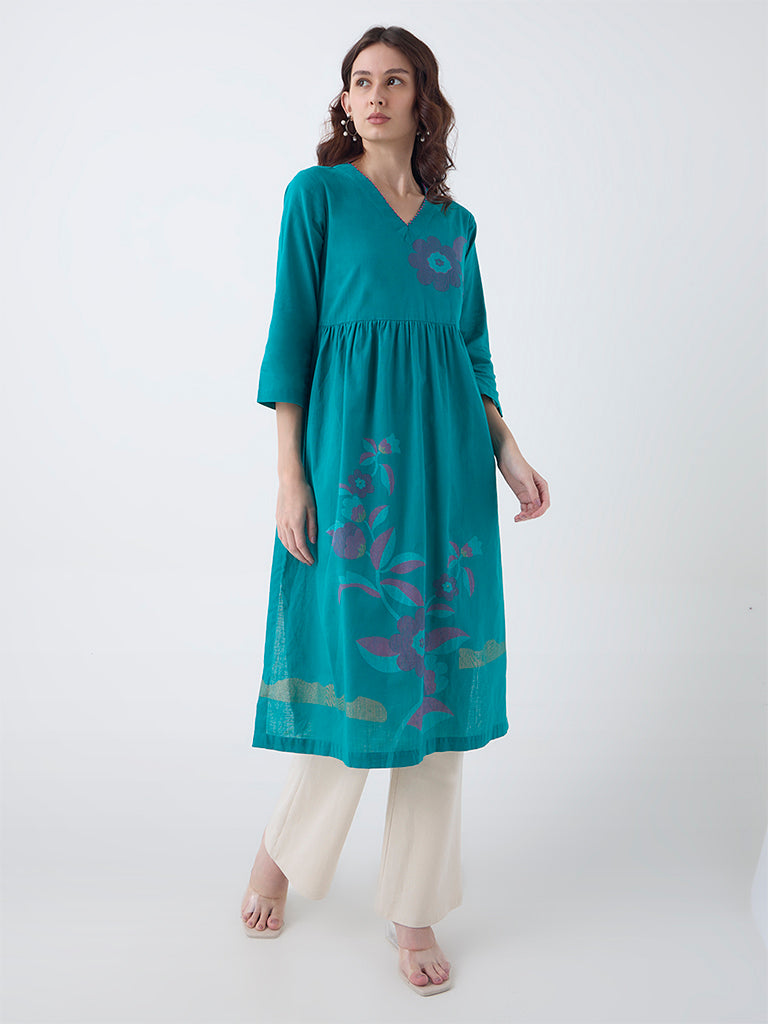 Utsa Teal Floral Embroidered Fit-and-Flare Cotton Kurta