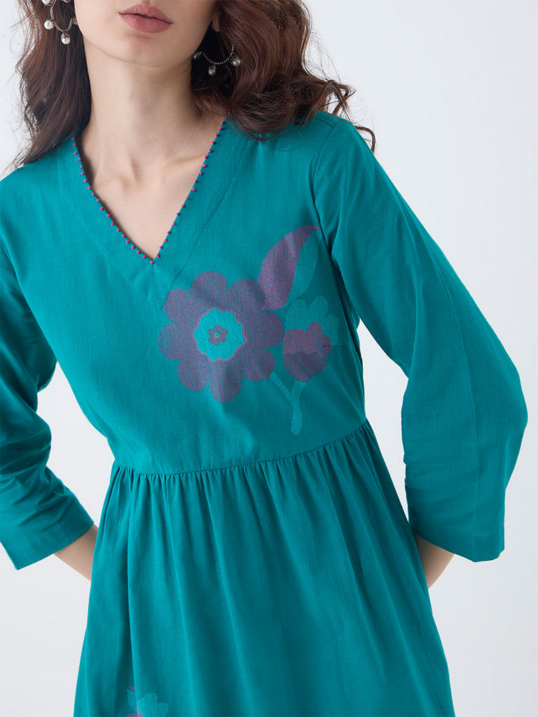 Utsa Teal Floral Embroidered Fit-and-Flare Cotton Kurta