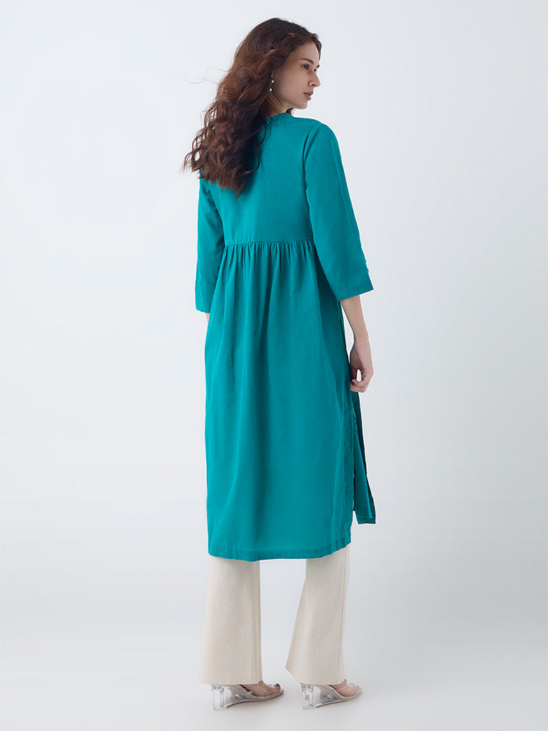 Utsa Teal Floral Embroidered Fit-and-Flare Cotton Kurta