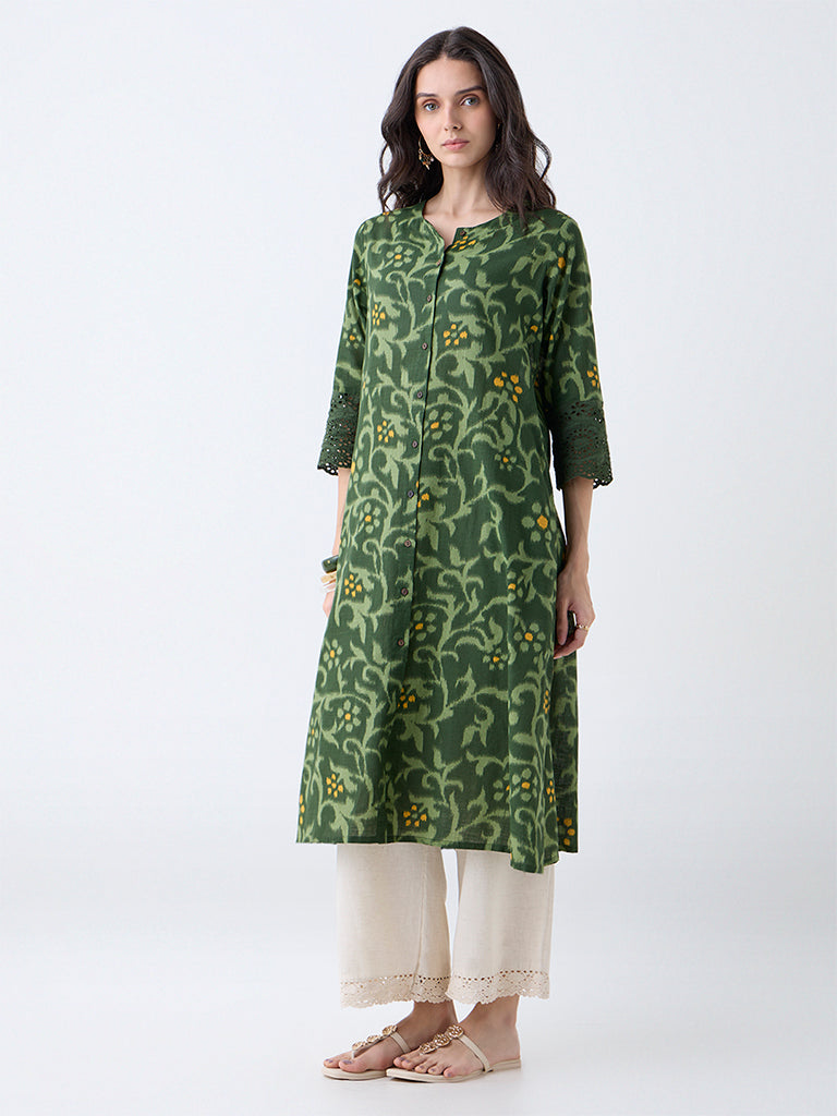 Utsa Green Botanical Pattern Cotton A-Line Kurta