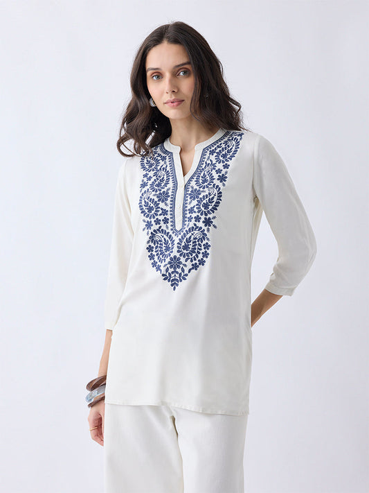 Utsa Off-White Embroidered High-Low Kurti