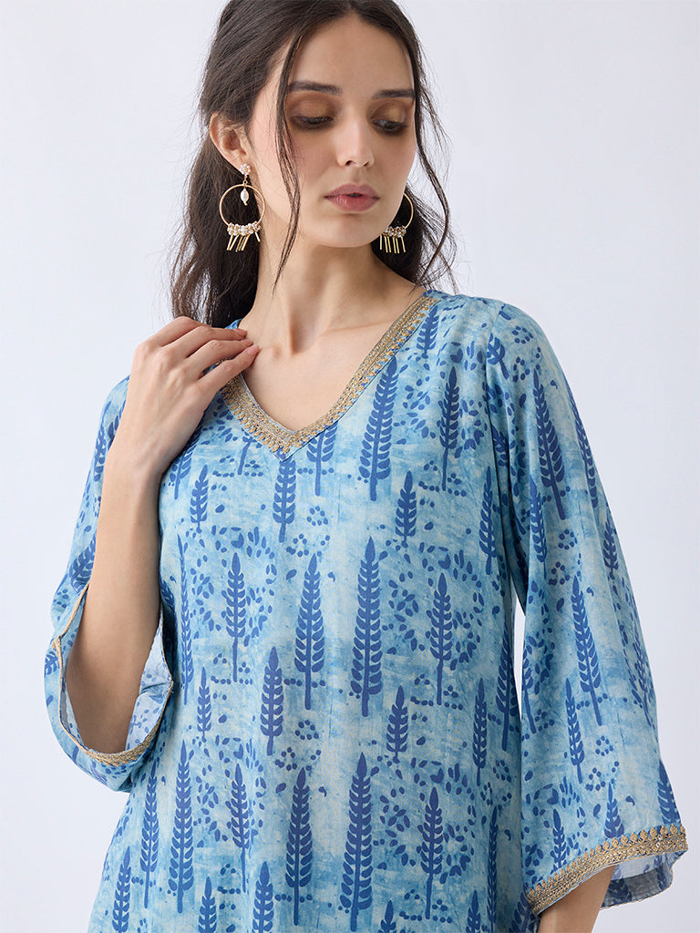Utsa Blue Botanical Pattern Straight Kurti