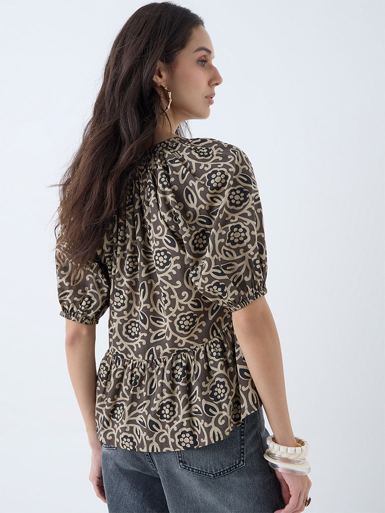 Utsa Taupe Floral Design Cotton Peplum Top