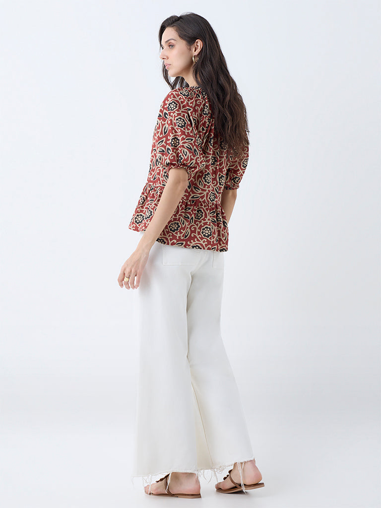 Utsa Red Floral Design Cotton Peplum Top