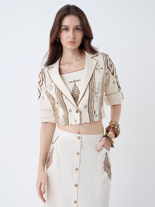Utsa Cream Aztec Design Cotton Jacket