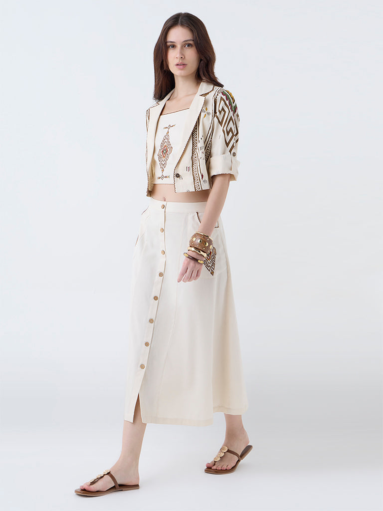 Utsa Cream Aztec Design Cotton Jacket