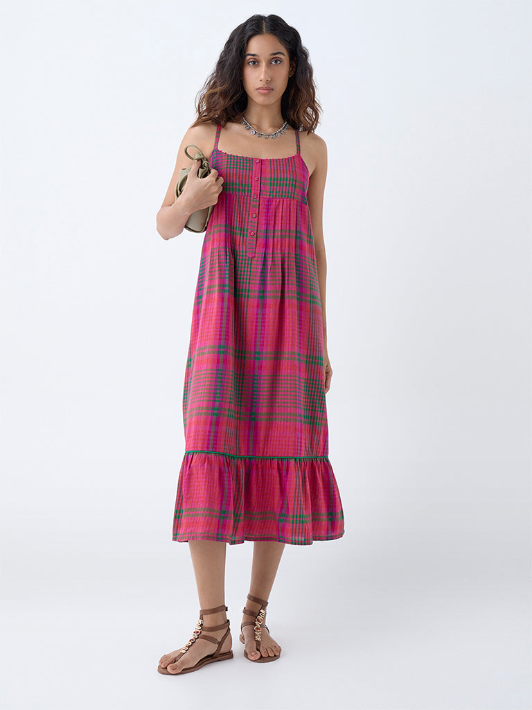 Utsa Pink Checkered A-Line Dress