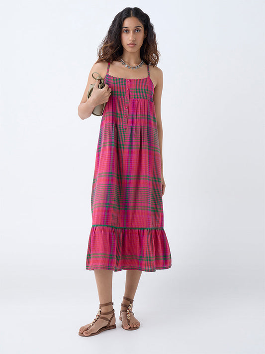 Utsa Pink Checkered A-Line Dress