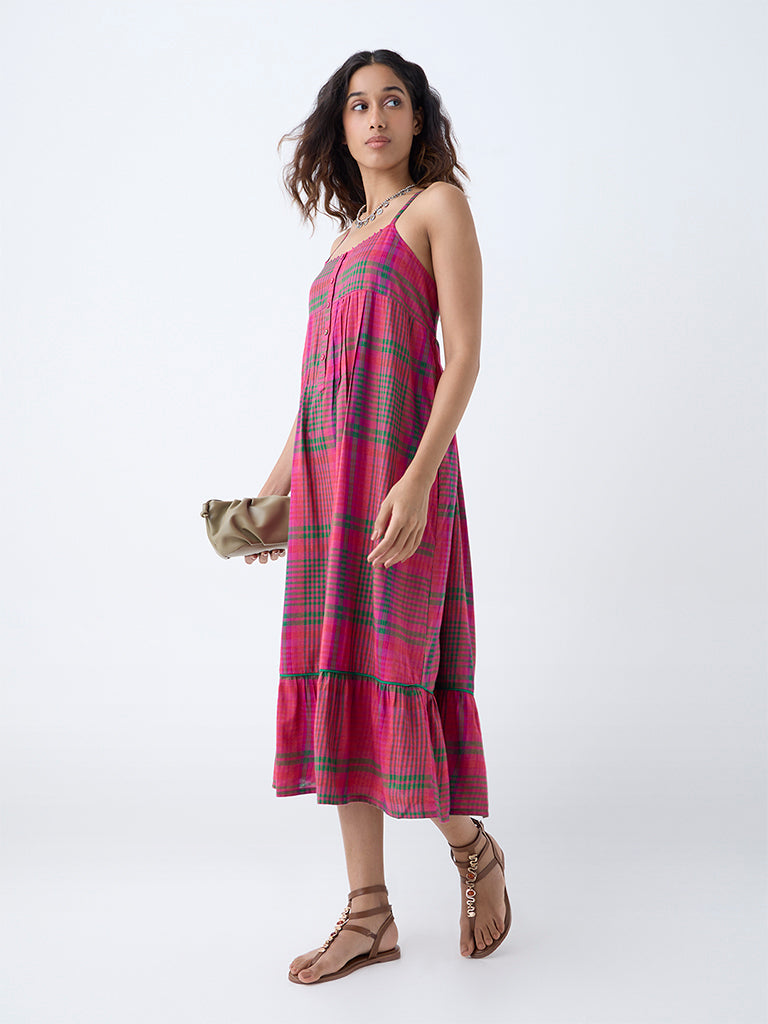 Utsa Pink Checkered A-Line Dress