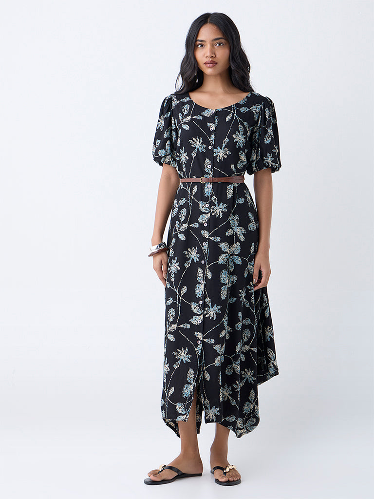 Utsa Black Leaf Pattern Asymmetric Dress with Belt