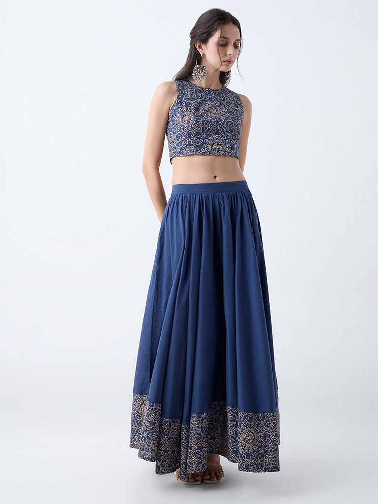 Utsa Indigo Printed Crop Cotton Top