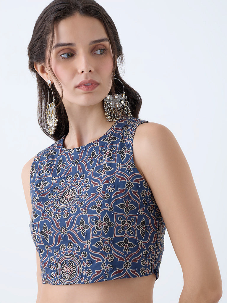 Utsa Indigo Printed Crop Cotton Top
